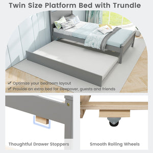 Twin Size Wooden Bed Frame with Trundle for Teens and Adults-Gray view 9