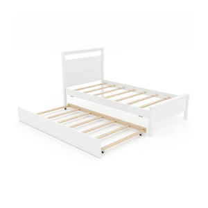 Twin Size Wooden Bed Frame with Trundle for Teens and Adults-White