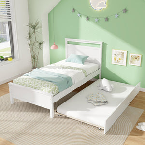 Twin Size Wooden Bed Frame with Trundle for Teens and Adults-White view 2