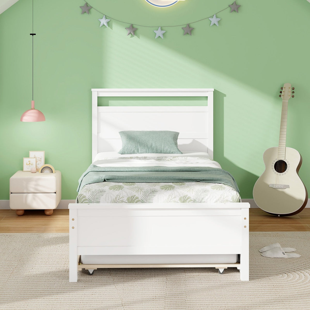 Twin Size Wooden Bed Frame with Trundle for Teens and Adults-White view 3