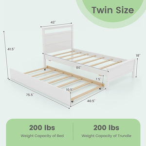 Twin Size Wooden Bed Frame with Trundle for Teens and Adults-White view 4