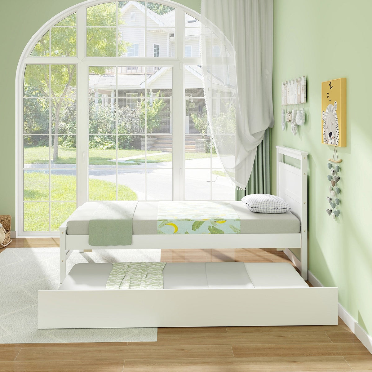 Twin Size Wooden Bed Frame with Trundle for Teens and Adults-White view 5