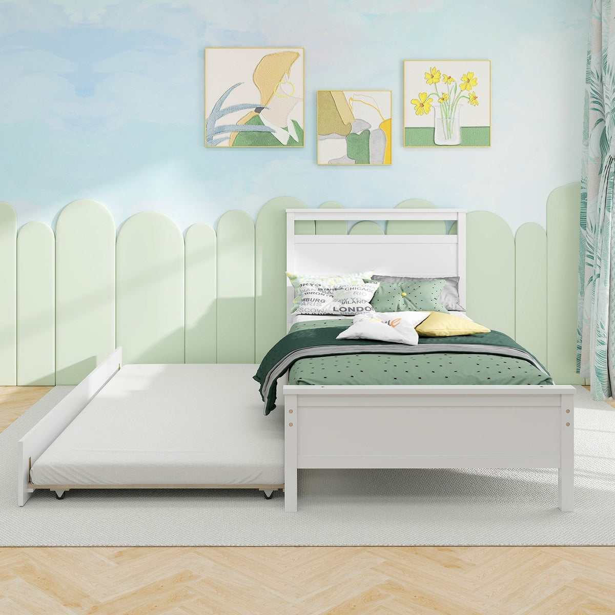 Twin Size Wooden Bed Frame with Trundle for Teens and Adults-White view 7