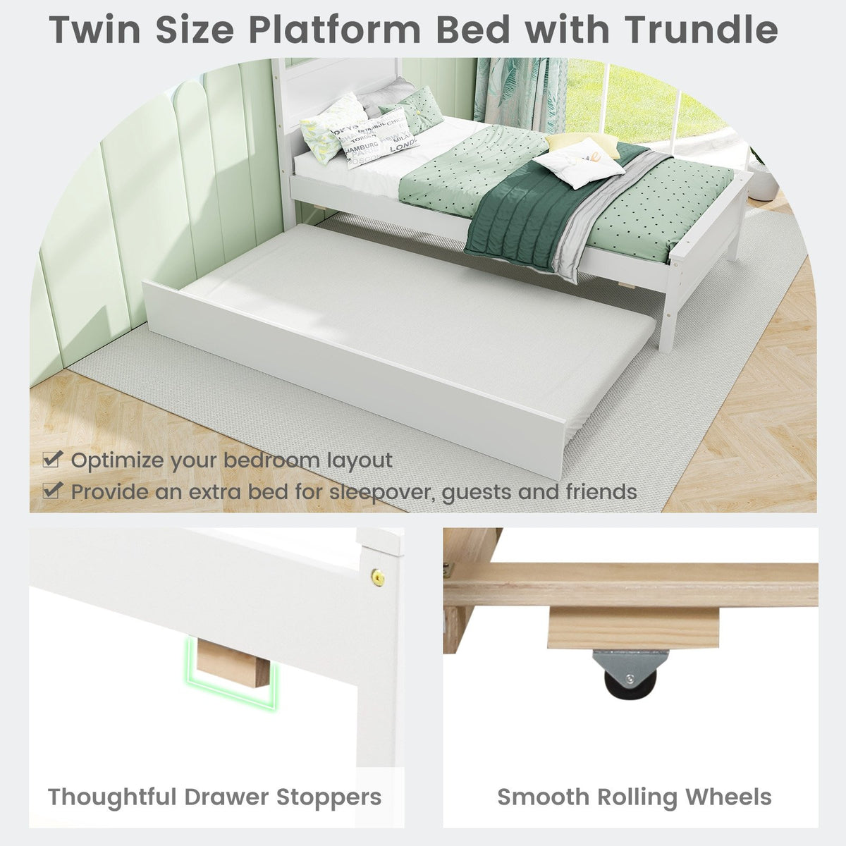 Twin Size Wooden Bed Frame with Trundle for Teens and Adults-White view 9