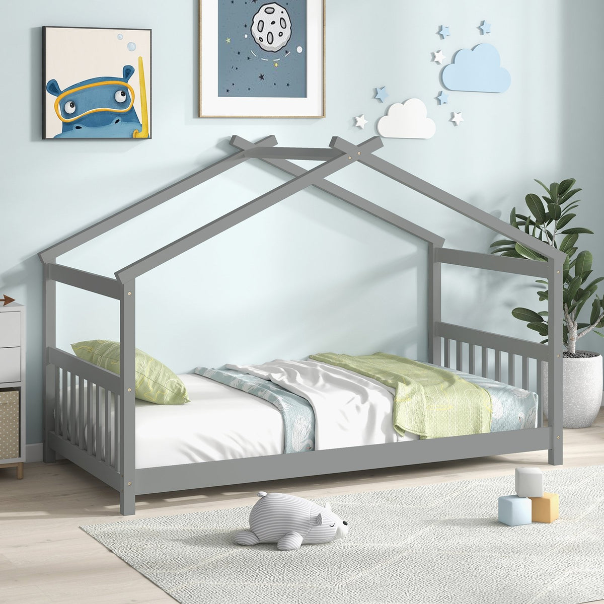 Twin Size Wooden House Bed with Roof-Gray view 2