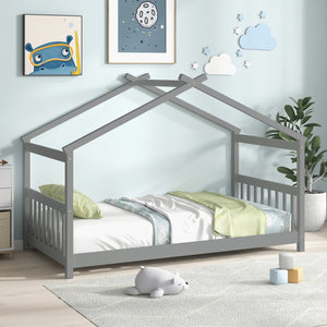 Twin Size Wooden House Bed with Roof-Gray view 2