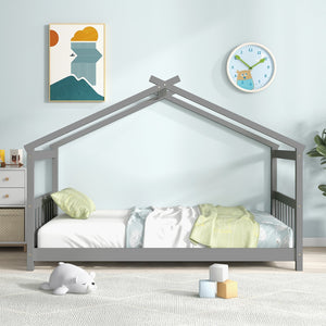 Twin Size Wooden House Bed with Roof-Gray view 3