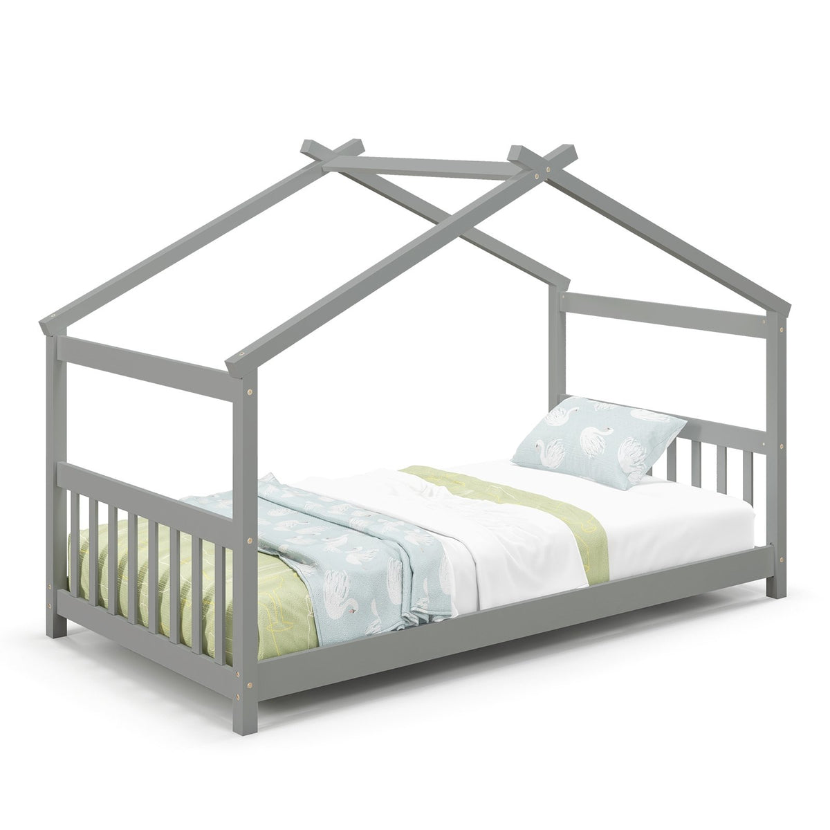 Twin Size Wooden House Bed with Roof-Gray view 4
