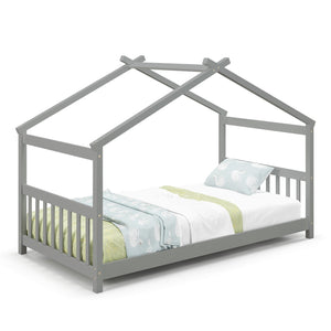 Twin Size Wooden House Bed with Roof-Gray view 4