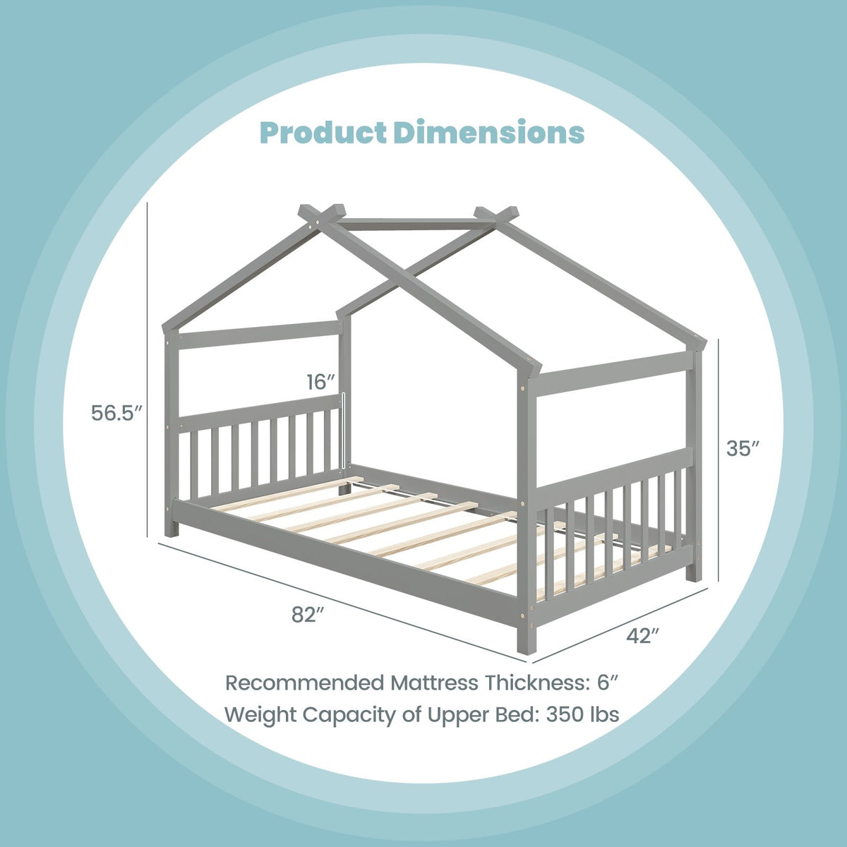 Twin Size Wooden House Bed with Roof-Gray view 5