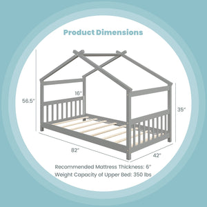 Twin Size Wooden House Bed with Roof-Gray view 5