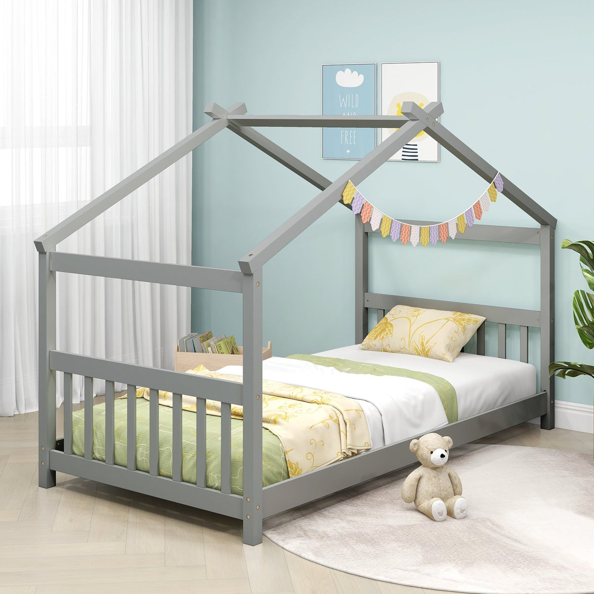Twin Size Wooden House Bed with Roof-Gray view 6