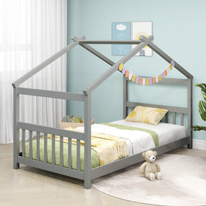 Twin Size Wooden House Bed with Roof-Gray view 6