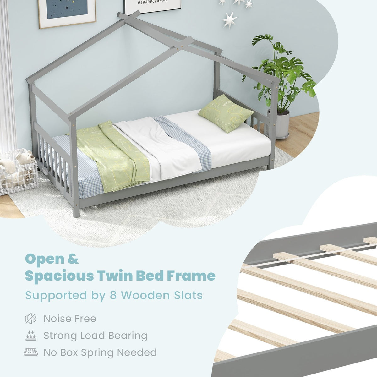 Twin Size Wooden House Bed with Roof-Gray view 7