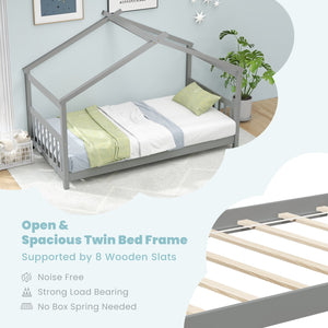 Twin Size Wooden House Bed with Roof-Gray view 7