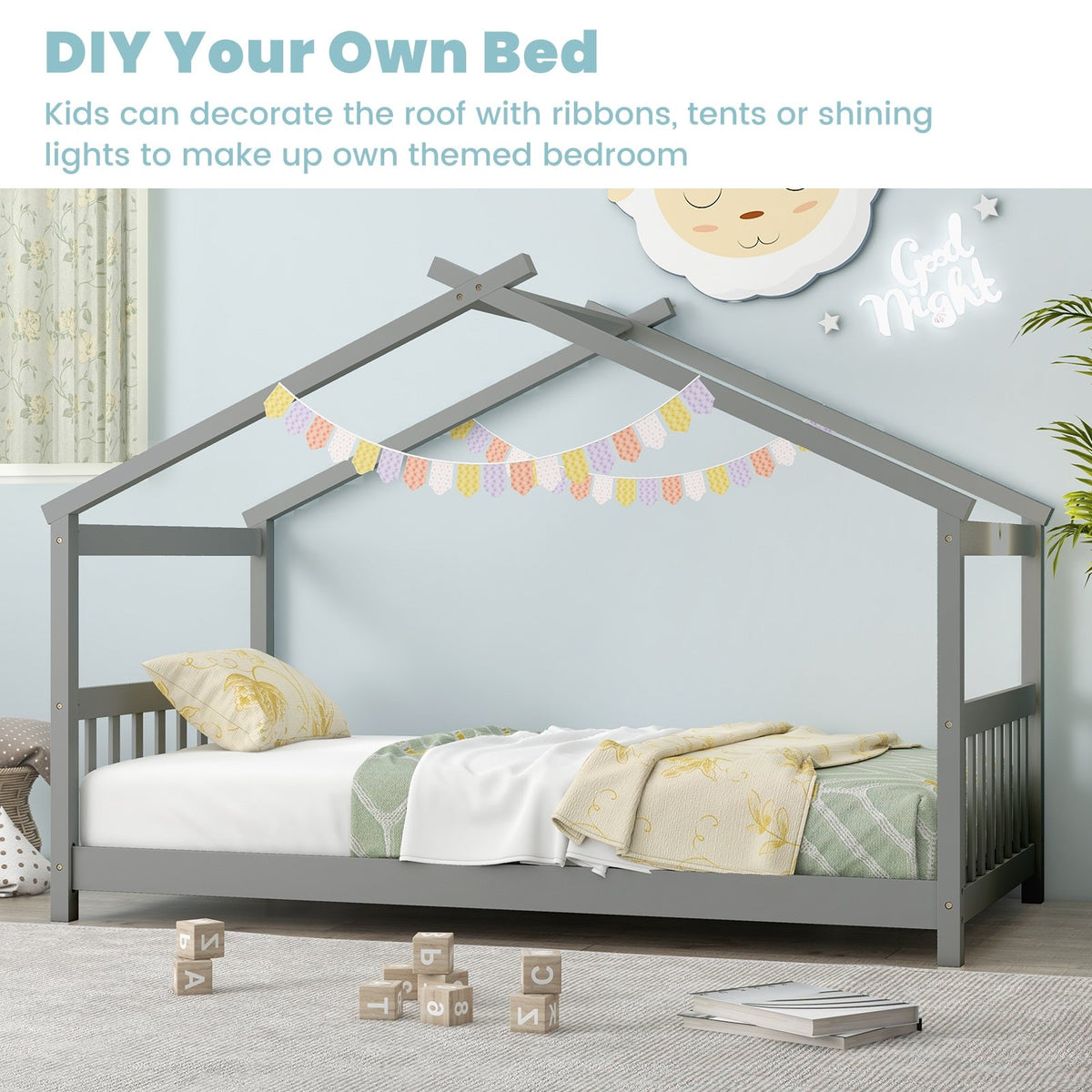 Twin Size Wooden House Bed with Roof-Gray view 8