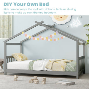 Twin Size Wooden House Bed with Roof-Gray view 8