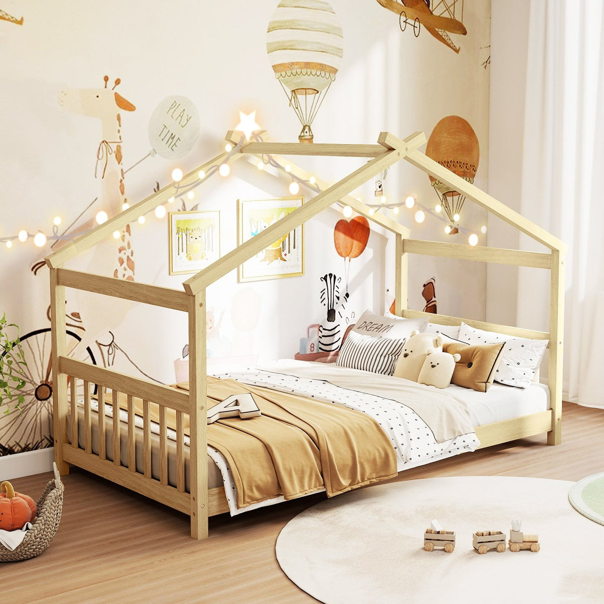Twin Size Wooden House Bed with Roof-Natural view 3