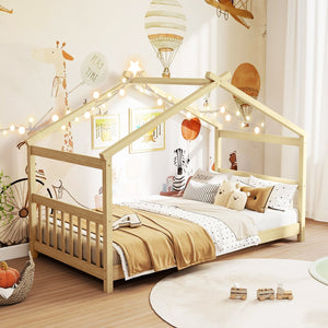 Twin Size Wooden House Bed with Roof-Natural view 3