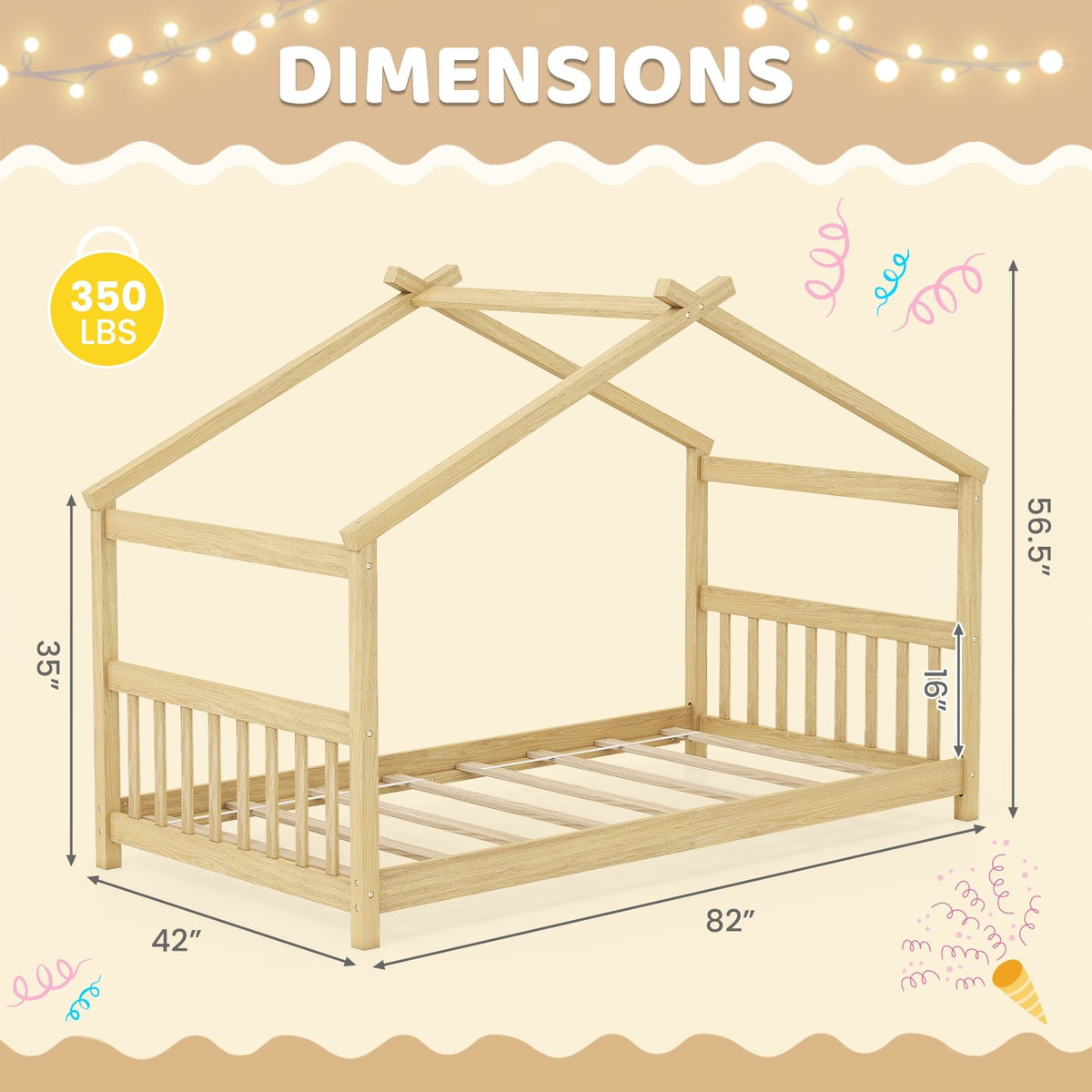 Twin Size Wooden House Bed with Roof-Natural view 4