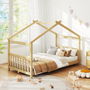 Twin Size Wooden House Bed with Roof-Natural view 5