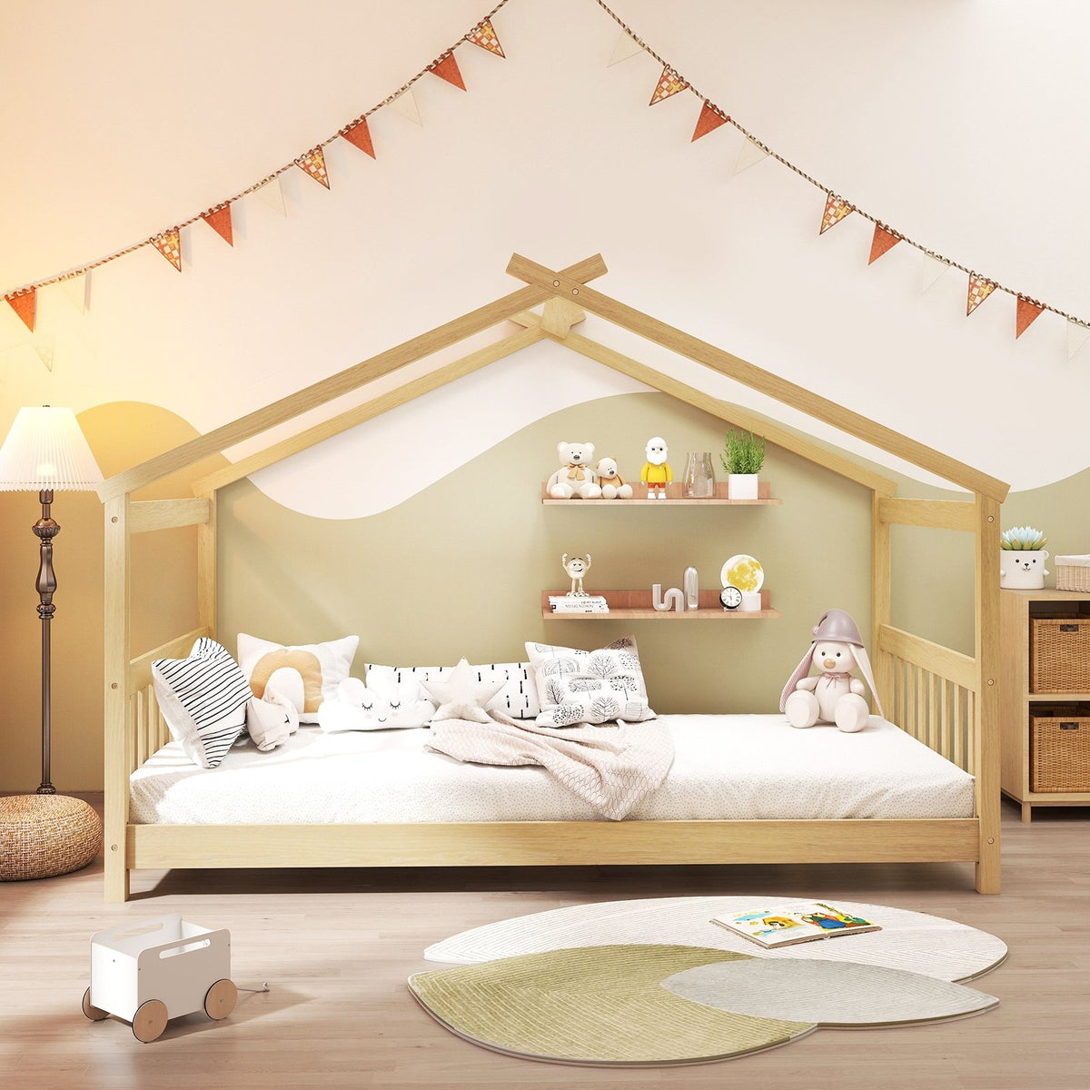 Twin Size Wooden House Bed with Roof-Natural view 6