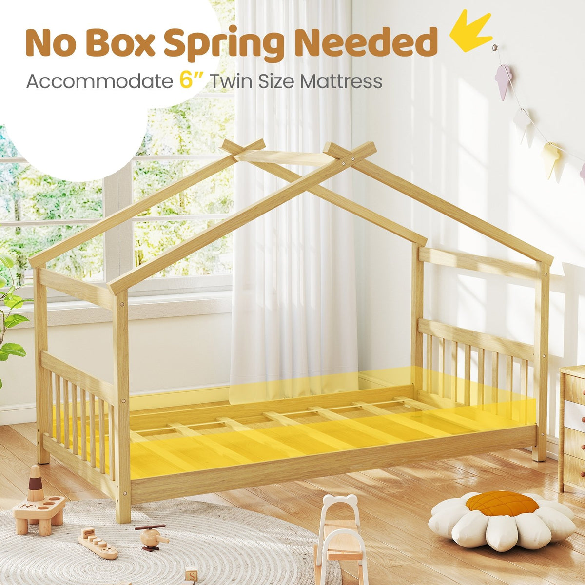 Twin Size Wooden House Bed with Roof-Natural view 7