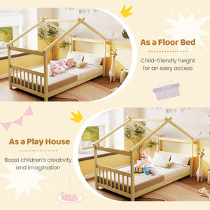 Twin Size Wooden House Bed with Roof-Natural view 8