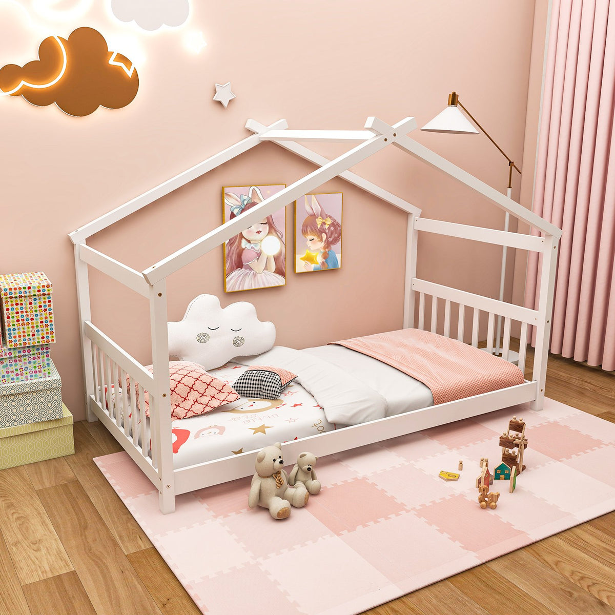 Twin Size Wooden House Bed with Roof-White view 2