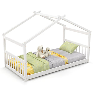 Twin Size Wooden House Bed with Roof-White view 4