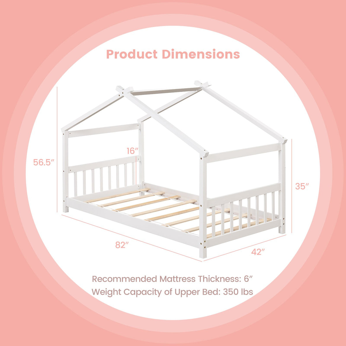 Twin Size Wooden House Bed with Roof-White view 5