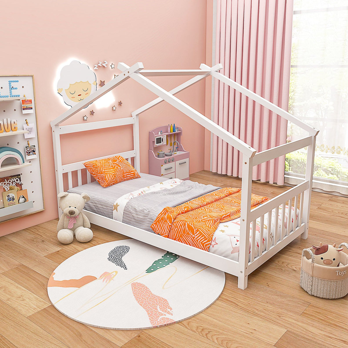 Twin Size Wooden House Bed with Roof-White view 6