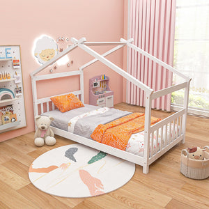 Twin Size Wooden House Bed with Roof-White view 6