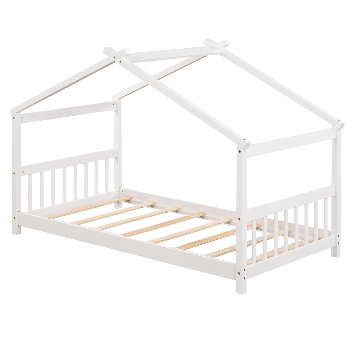 Twin Size Wooden House Bed with Roof-White view 7