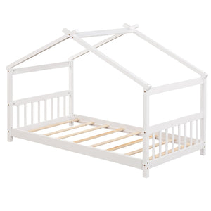 Twin Size Wooden House Bed with Roof-White view 7
