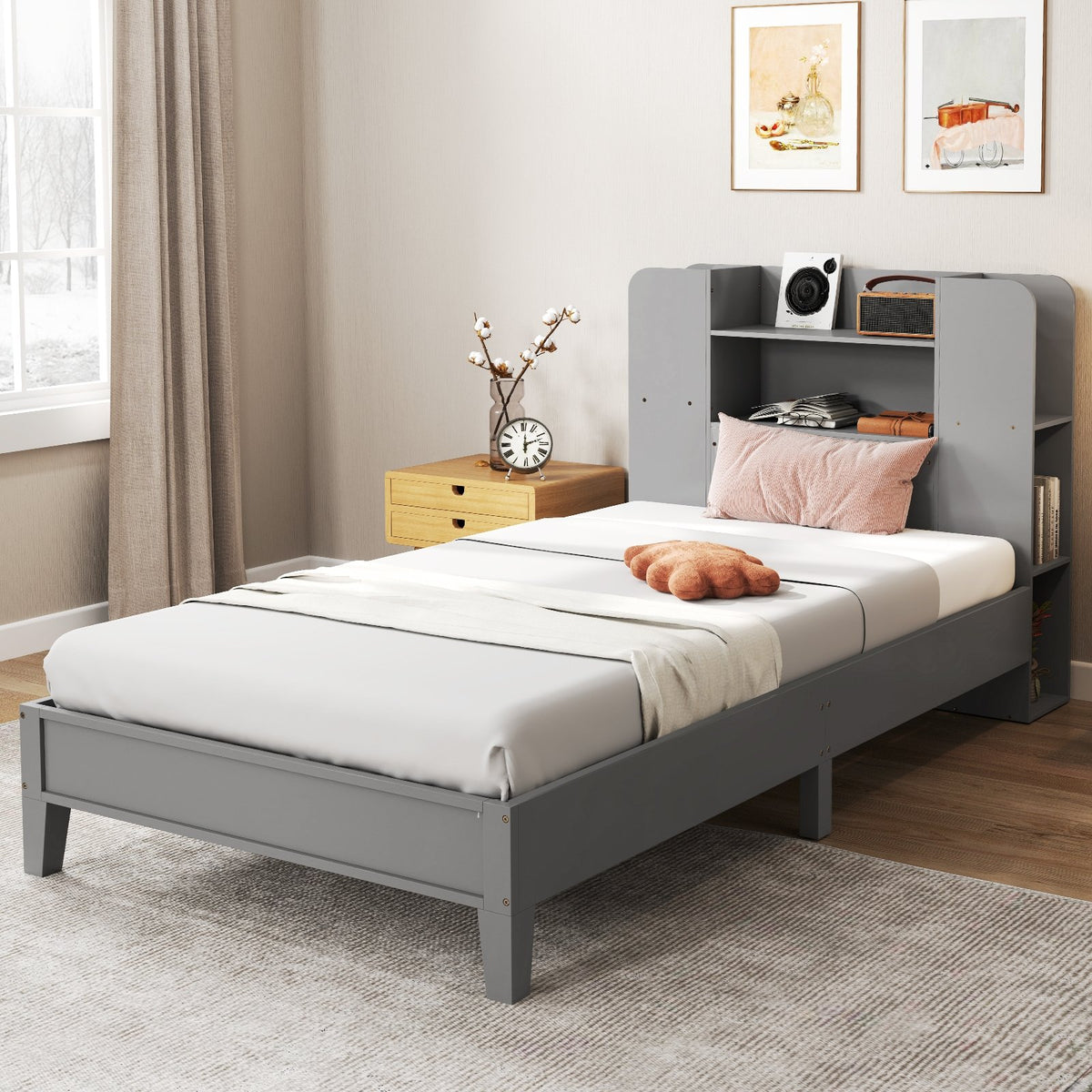 Twin Size Wooden Platform Bed Frame with Bookcase Headboard-Gray view 3