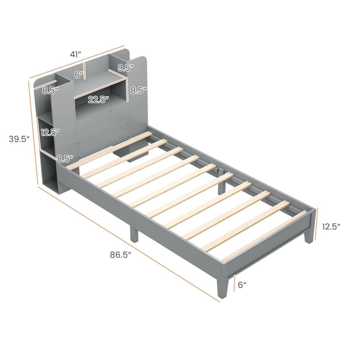 Twin Size Wooden Platform Bed Frame with Bookcase Headboard-Gray view 4