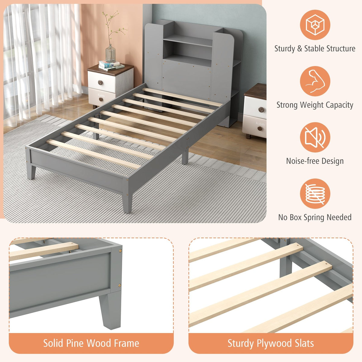 Twin Size Wooden Platform Bed Frame with Bookcase Headboard-Gray view 7