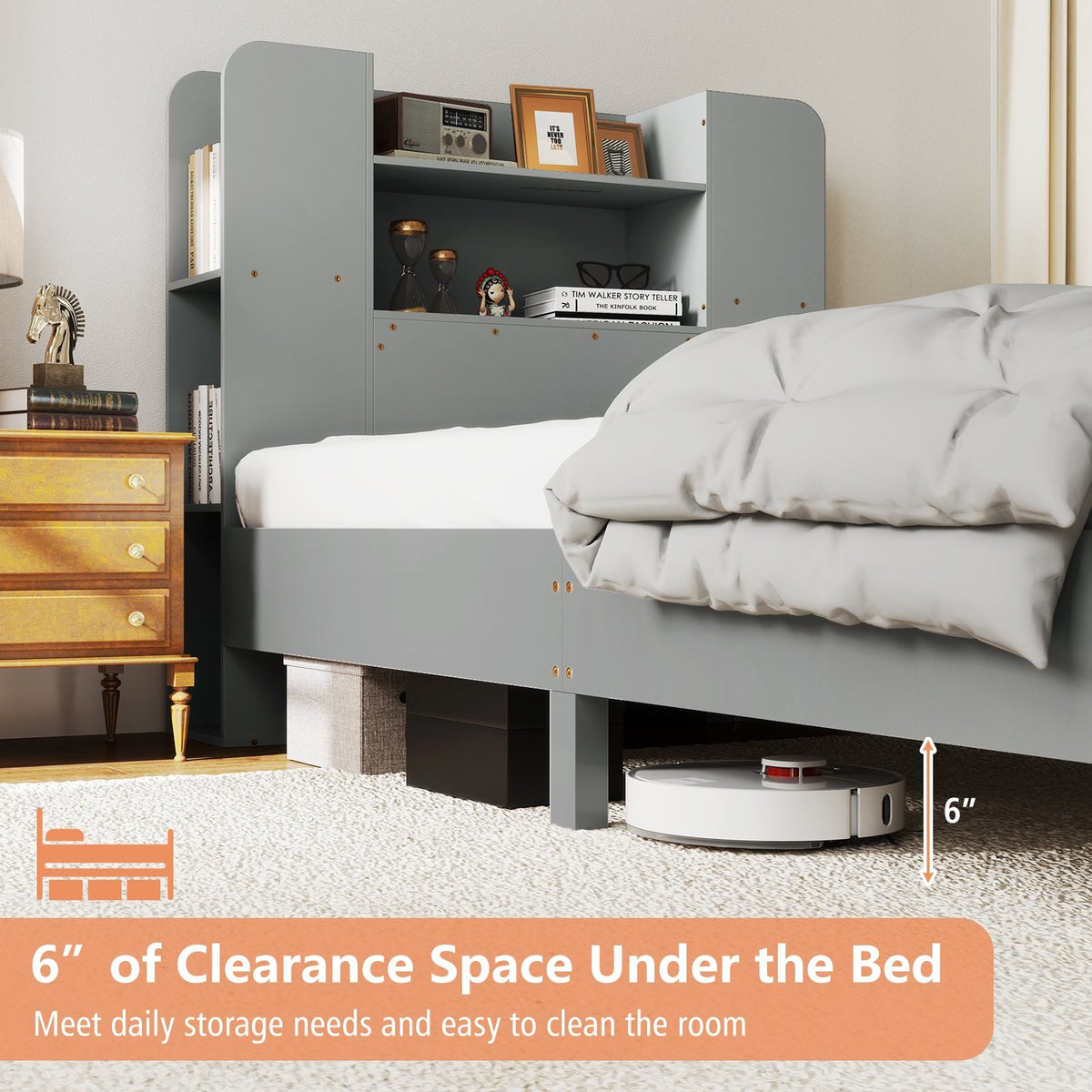 Twin Size Wooden Platform Bed Frame with Bookcase Headboard-Gray view 9