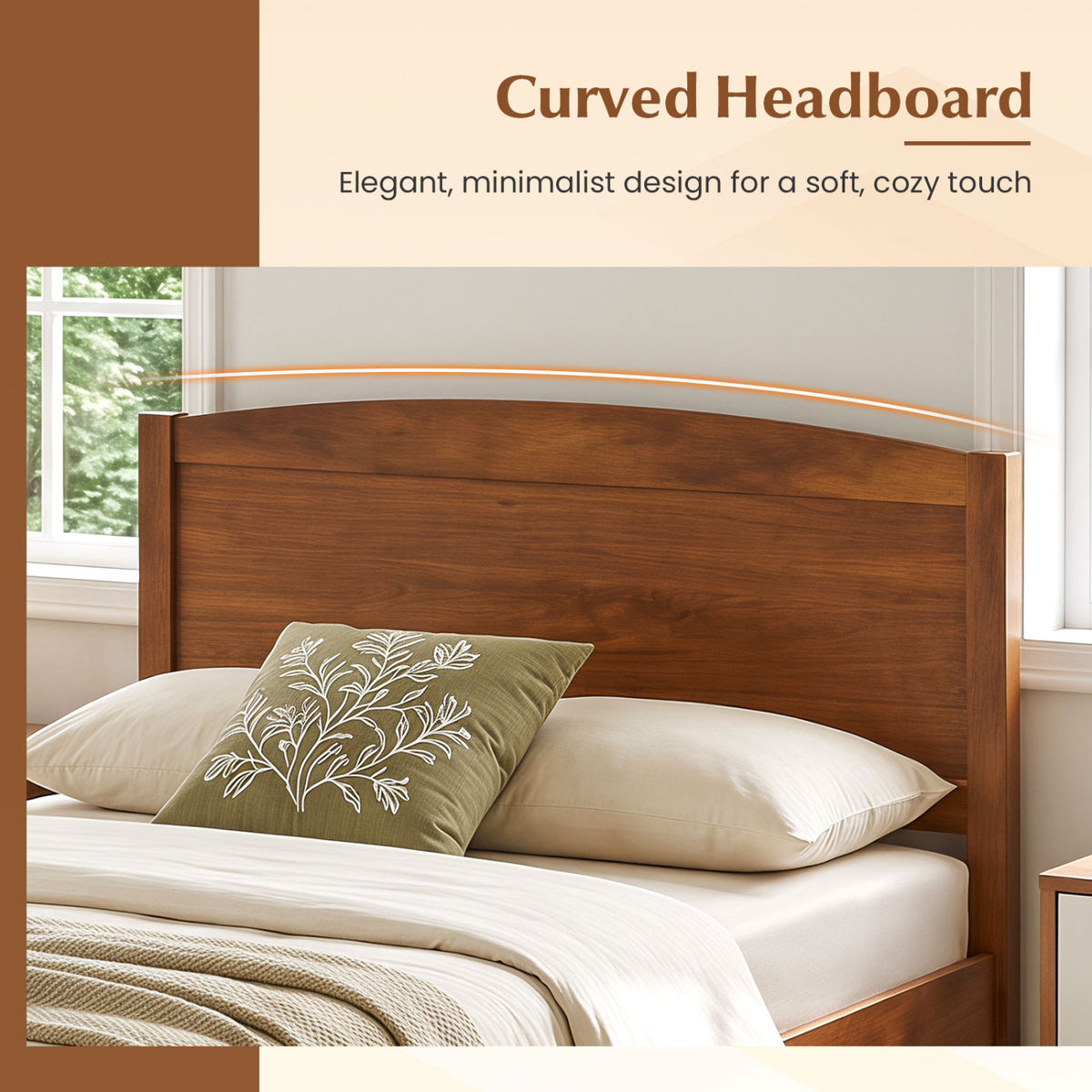 Twin Size Wooden Platform Bed Frame with Curved Headboard-Walnut view 6