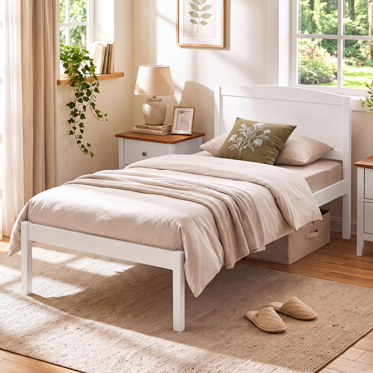 Twin Size Wooden Platform Bed Frame with Curved Headboard-White view 2