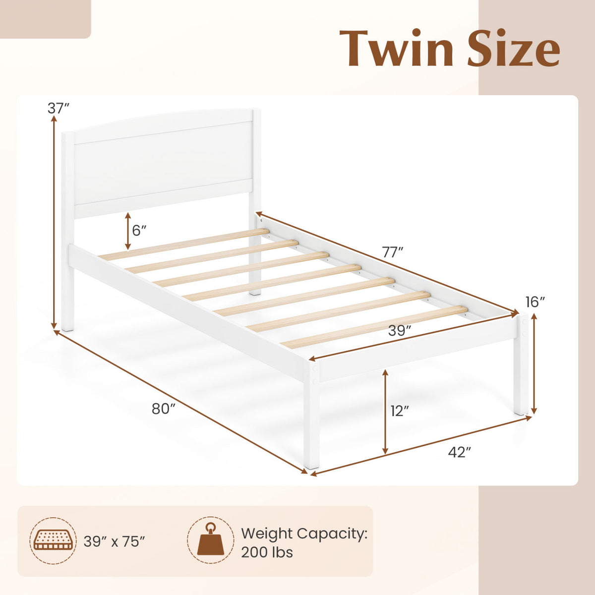 Twin Size Wooden Platform Bed Frame with Curved Headboard-White view 4