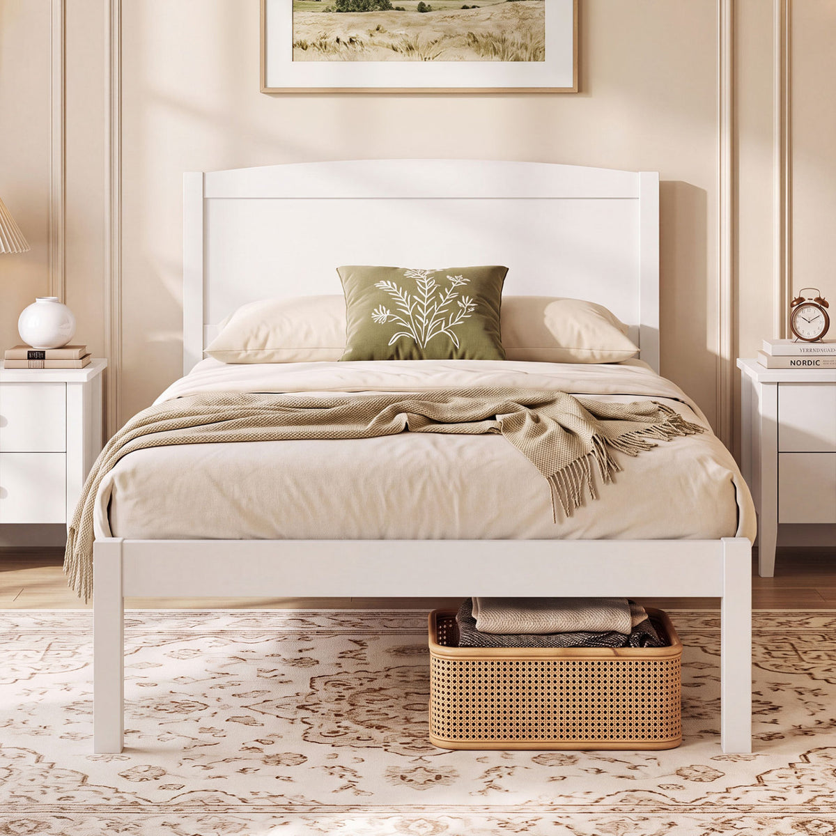 Twin Size Wooden Platform Bed Frame with Curved Headboard-White view 5