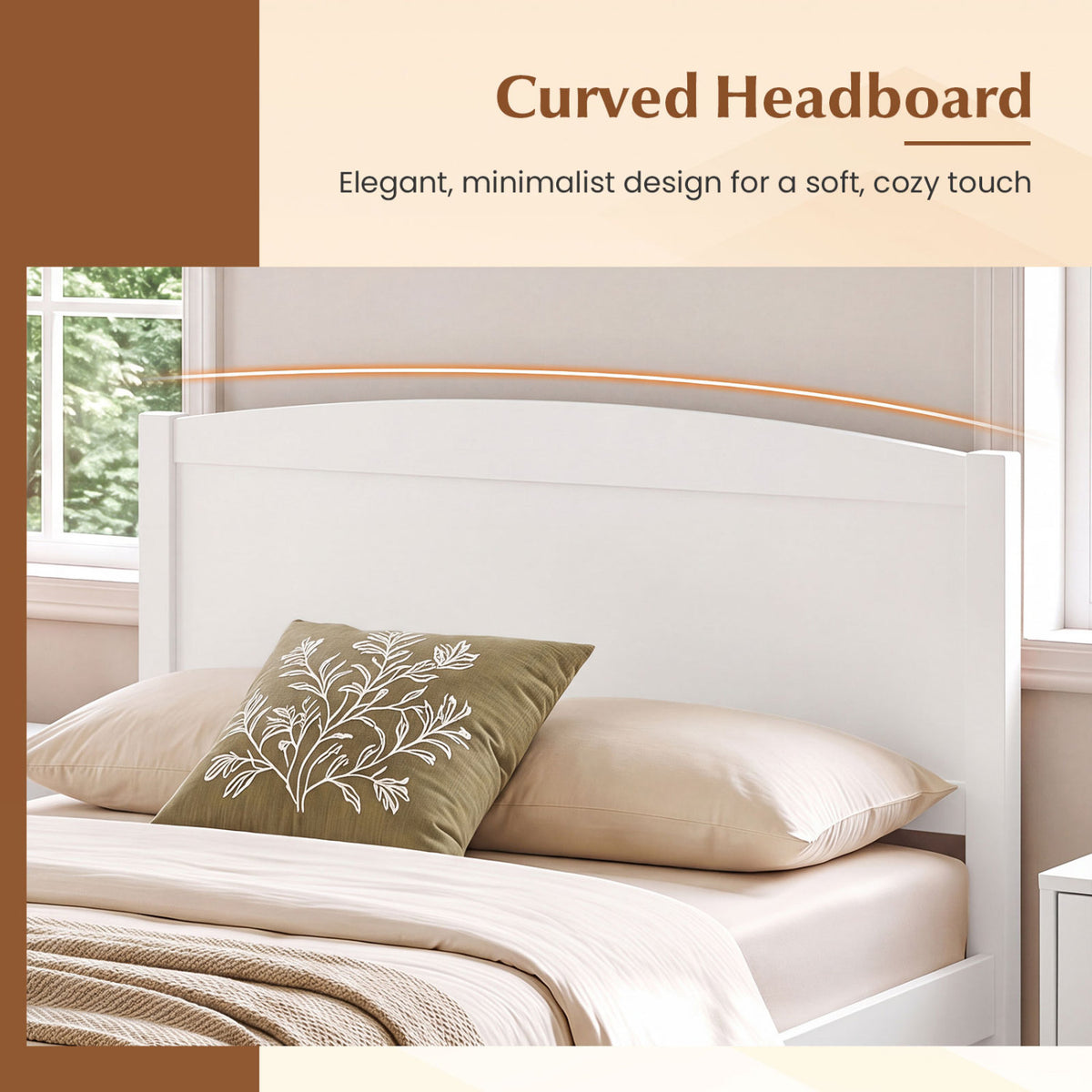Twin Size Wooden Platform Bed Frame with Curved Headboard-White view 6