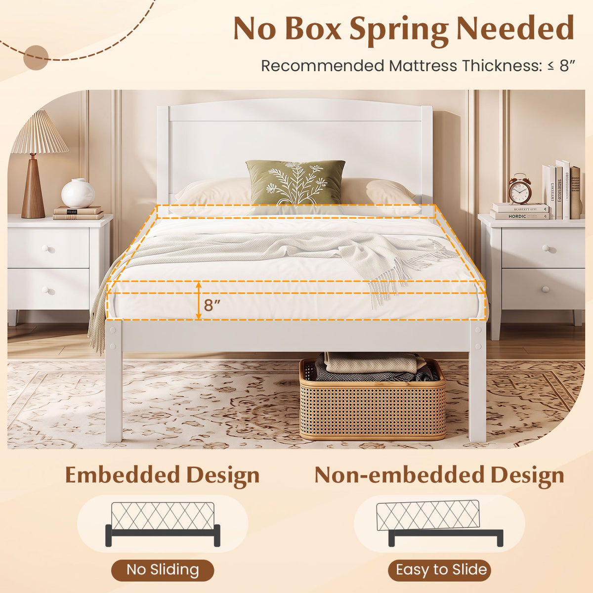 Twin Size Wooden Platform Bed Frame with Curved Headboard-White view 8