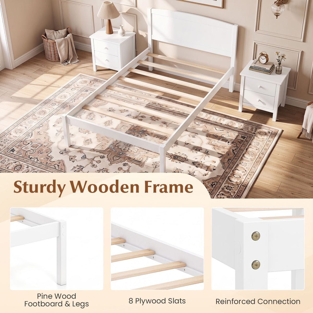 Twin Size Wooden Platform Bed Frame with Curved Headboard-White view 9