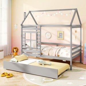 Twin Size Wooden Platform House Bed with Trundle and Roof-Grey view 2