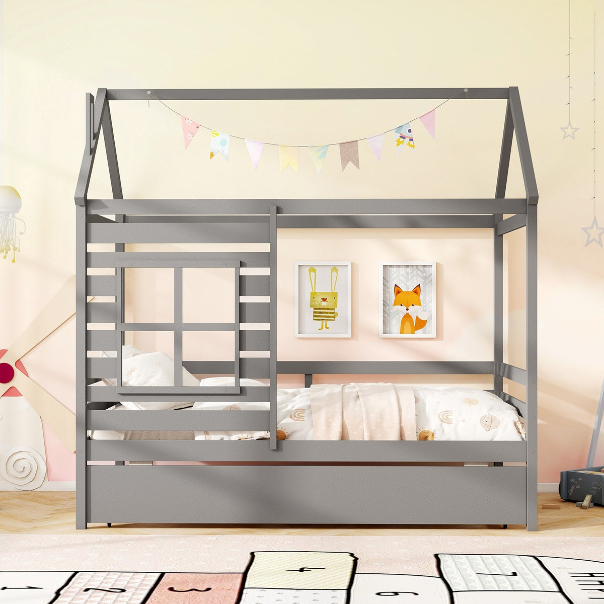 Twin Size Wooden Platform House Bed with Trundle and Roof-Grey view 3
