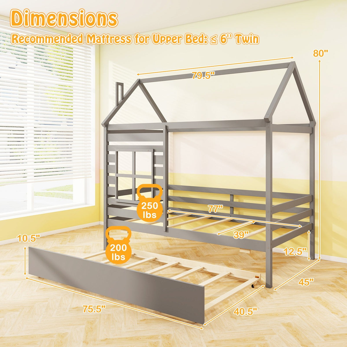 Twin Size Wooden Platform House Bed with Trundle and Roof-Grey view 4