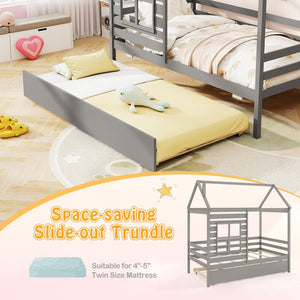 Twin Size Wooden Platform House Bed with Trundle and Roof-Grey view 6